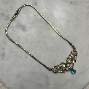 Vintage Coro Necklace Gold Tone Blue Teardrop Crystal‎ Rhinestone Scroll Jewelry